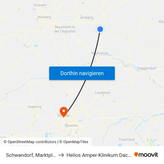 Schwandorf, Marktplatz to Helios Amper-Klinikum Dachau map