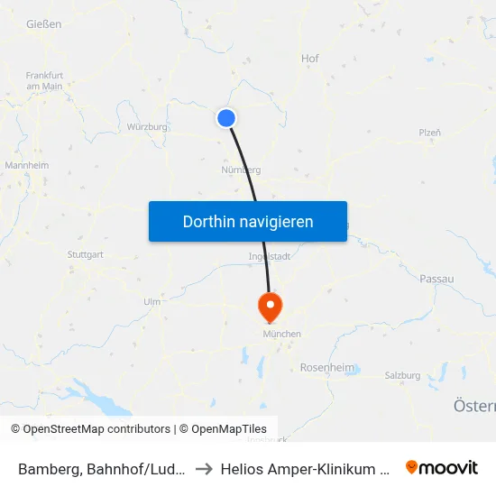 Bamberg, Bahnhof/Ludwigstr. to Helios Amper-Klinikum Dachau map