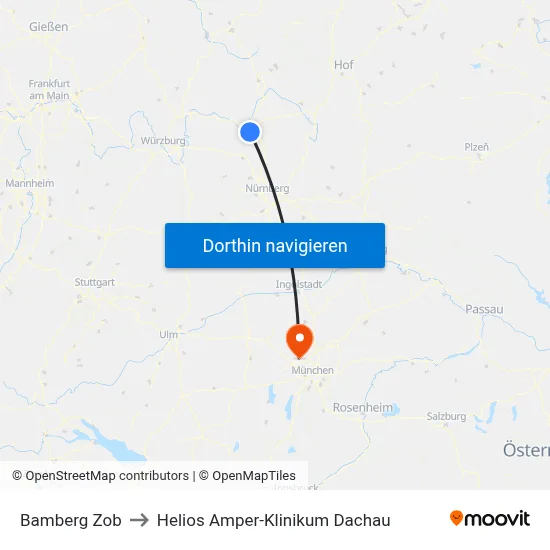Bamberg Zob to Helios Amper-Klinikum Dachau map