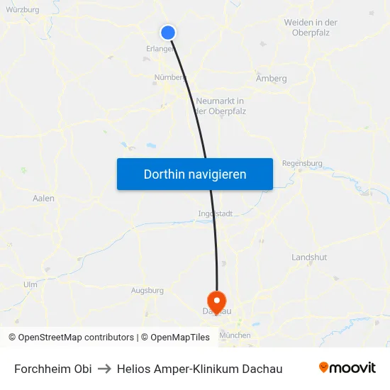 Forchheim Obi to Helios Amper-Klinikum Dachau map