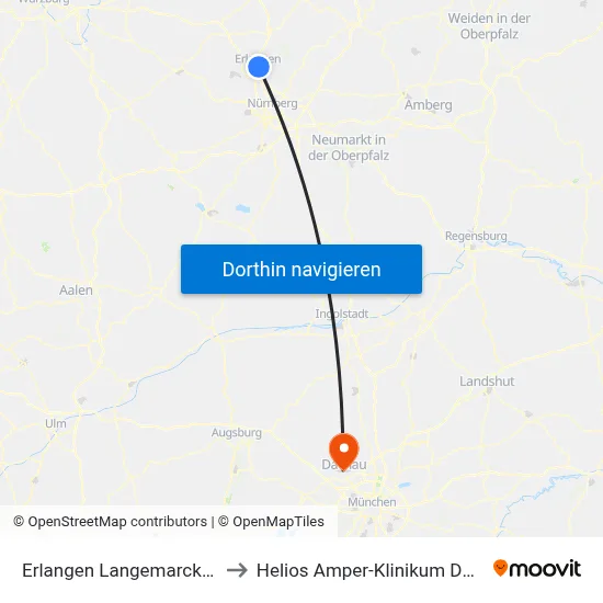 Erlangen Langemarckplatz to Helios Amper-Klinikum Dachau map