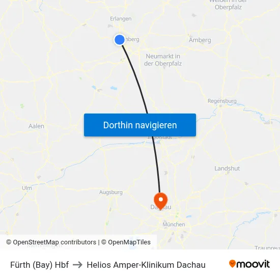 Fürth (Bay) Hbf to Helios Amper-Klinikum Dachau map