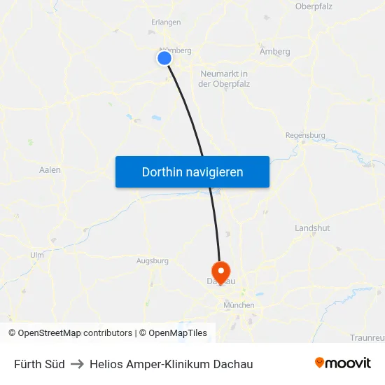 Fürth Süd to Helios Amper-Klinikum Dachau map