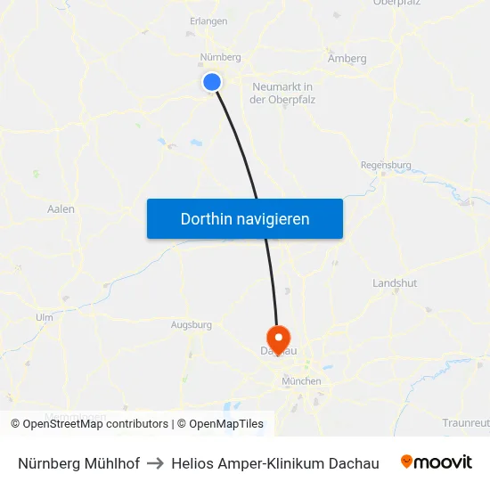 Nürnberg Mühlhof to Helios Amper-Klinikum Dachau map