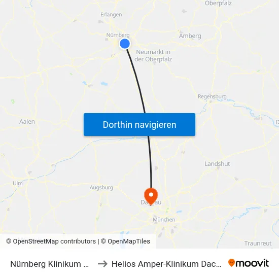 Nürnberg Klinikum Süd to Helios Amper-Klinikum Dachau map