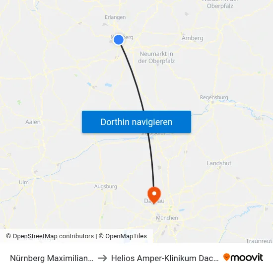Nürnberg Maximilianstr. to Helios Amper-Klinikum Dachau map
