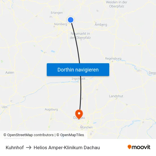 Kuhnhof to Helios Amper-Klinikum Dachau map