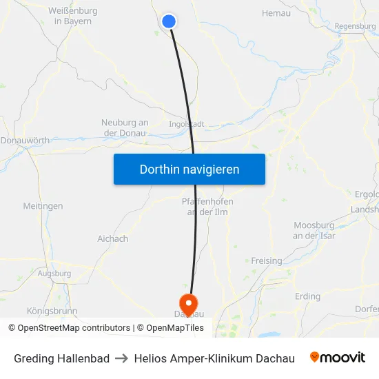 Greding Hallenbad to Helios Amper-Klinikum Dachau map