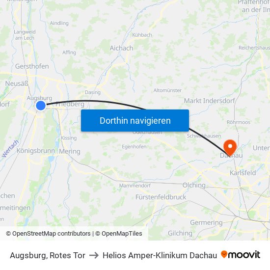 Augsburg, Rotes Tor to Helios Amper-Klinikum Dachau map