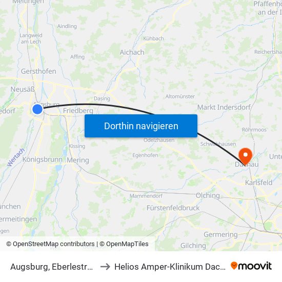 Augsburg, Eberlestraße to Helios Amper-Klinikum Dachau map