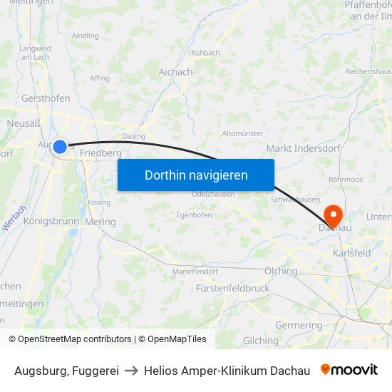 Augsburg, Fuggerei to Helios Amper-Klinikum Dachau map