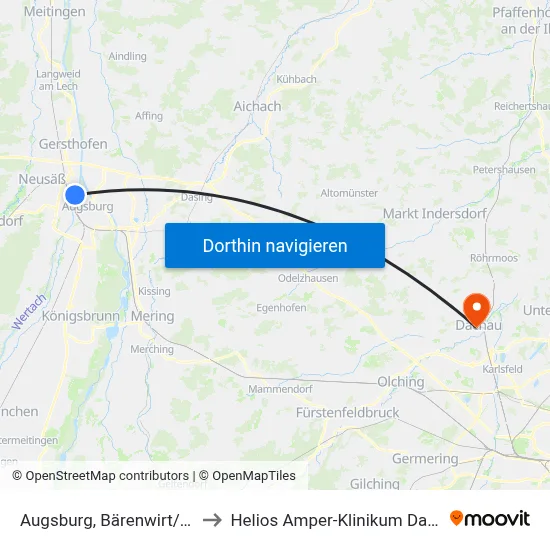 Augsburg, Bärenwirt/Drvs to Helios Amper-Klinikum Dachau map