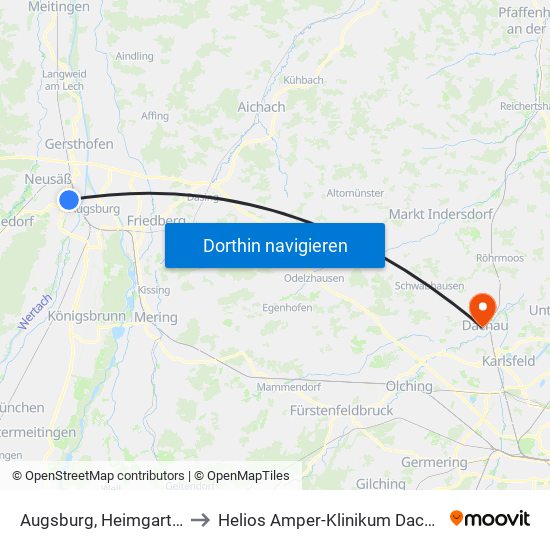 Augsburg, Heimgarten to Helios Amper-Klinikum Dachau map
