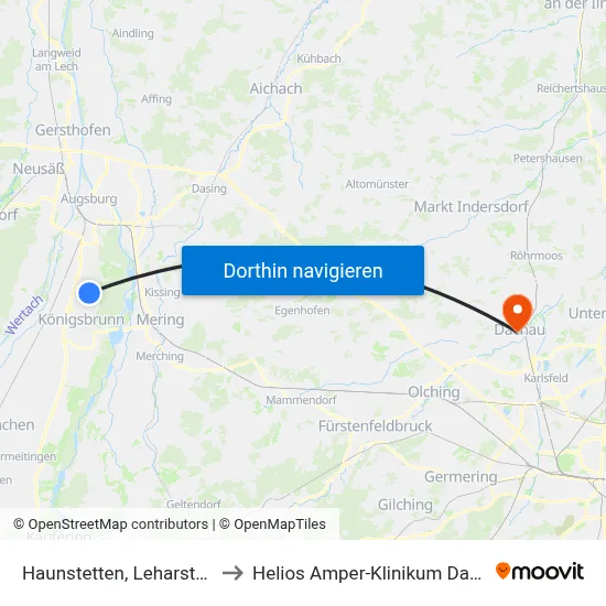 Haunstetten, Leharstraße to Helios Amper-Klinikum Dachau map
