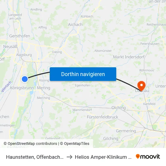 Haunstetten, Offenbach Karree to Helios Amper-Klinikum Dachau map