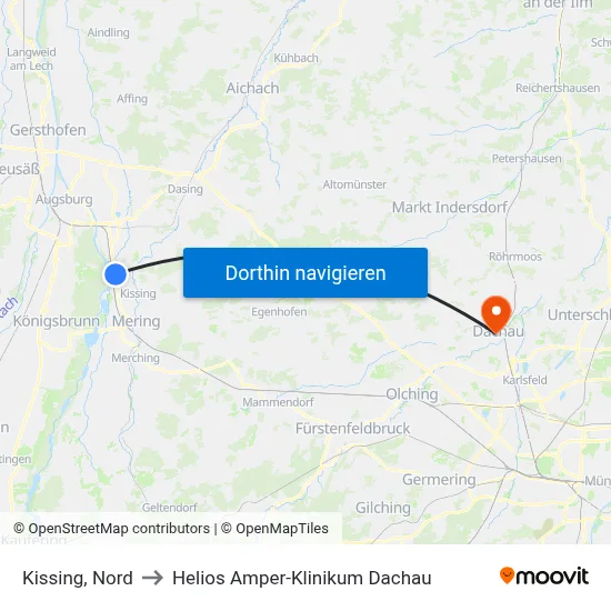 Kissing, Nord to Helios Amper-Klinikum Dachau map