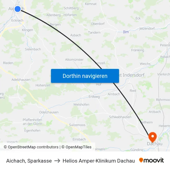 Aichach, Sparkasse to Helios Amper-Klinikum Dachau map
