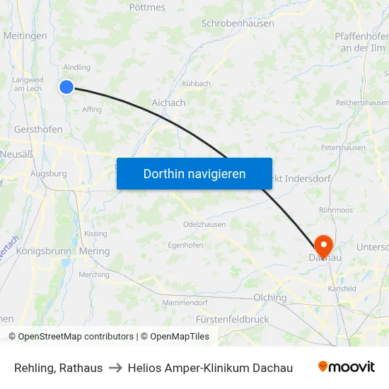 Rehling, Rathaus to Helios Amper-Klinikum Dachau map