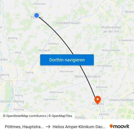 Pöttmes, Hauptstraße to Helios Amper-Klinikum Dachau map