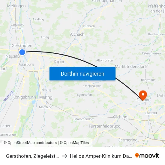 Gersthofen, Ziegeleistraße to Helios Amper-Klinikum Dachau map