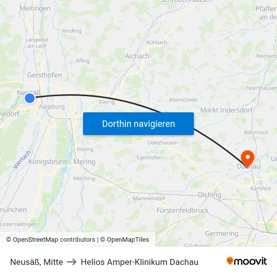 Neusäß, Mitte to Helios Amper-Klinikum Dachau map