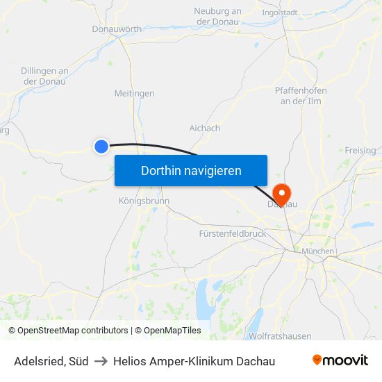 Adelsried, Süd to Helios Amper-Klinikum Dachau map