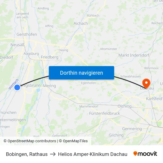 Bobingen, Rathaus to Helios Amper-Klinikum Dachau map