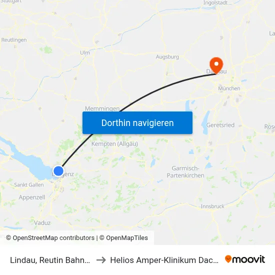 Lindau, Reutin Bahnhof to Helios Amper-Klinikum Dachau map
