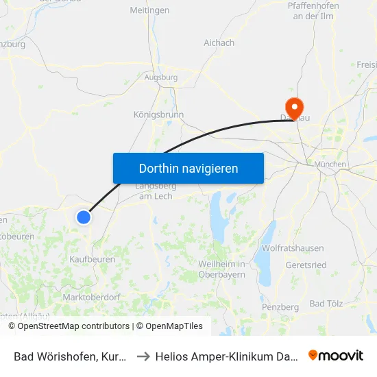 Bad Wörishofen, Kurpark to Helios Amper-Klinikum Dachau map