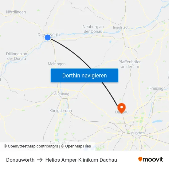Donauwörth to Helios Amper-Klinikum Dachau map