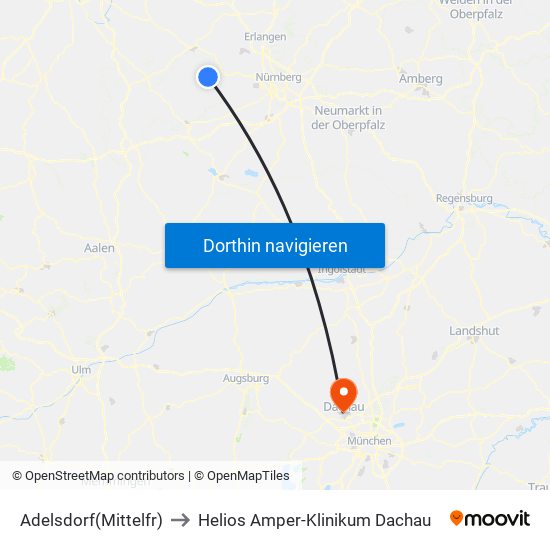 Adelsdorf(Mittelfr) to Helios Amper-Klinikum Dachau map