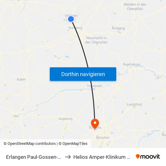 Erlangen Paul-Gossen-Straße to Helios Amper-Klinikum Dachau map