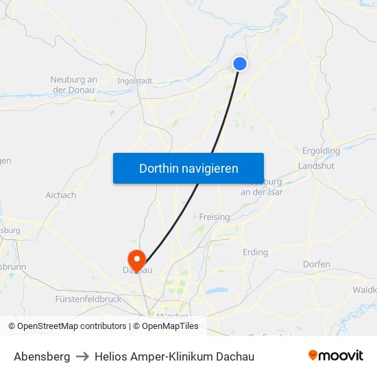 Abensberg to Helios Amper-Klinikum Dachau map