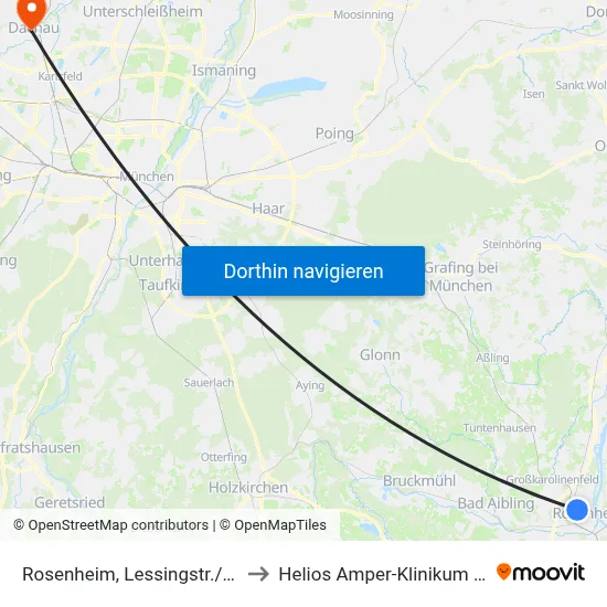 Rosenheim, Lessingstr./Kaserne to Helios Amper-Klinikum Dachau map