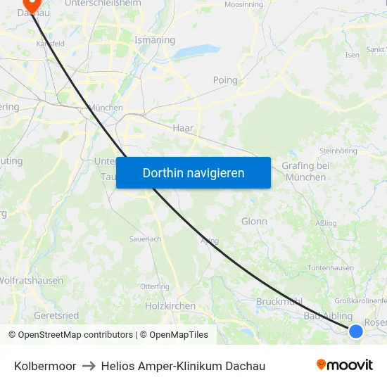 Kolbermoor to Helios Amper-Klinikum Dachau map