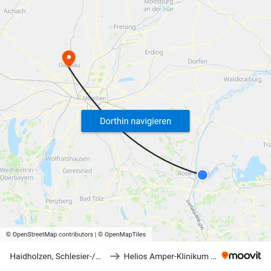 Haidholzen, Schlesier-/Wald-Str. to Helios Amper-Klinikum Dachau map
