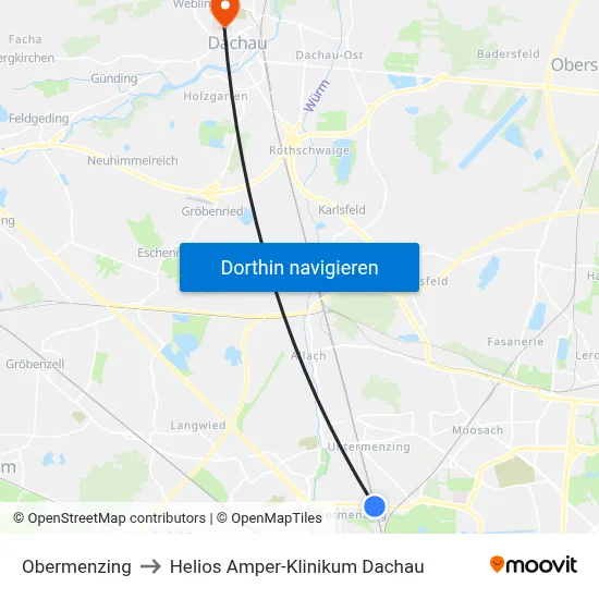 Obermenzing to Helios Amper-Klinikum Dachau map