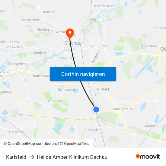 Karlsfeld to Helios Amper-Klinikum Dachau map