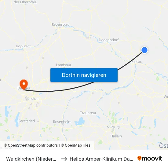 Waldkirchen (Niederbay.) to Helios Amper-Klinikum Dachau map