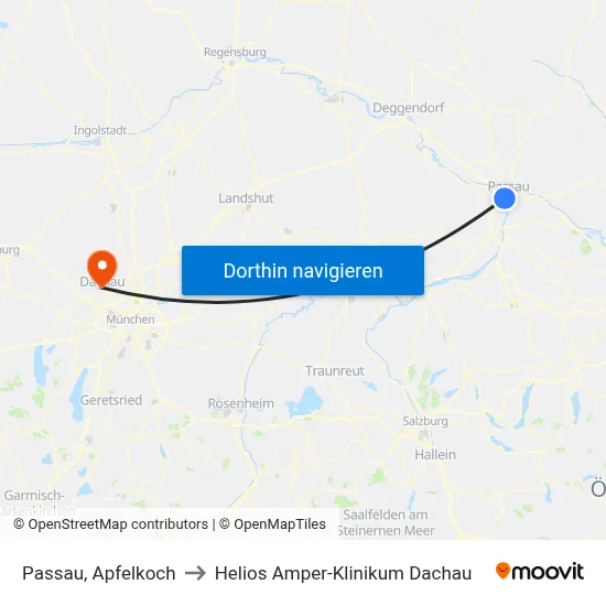 Passau, Apfelkoch to Helios Amper-Klinikum Dachau map