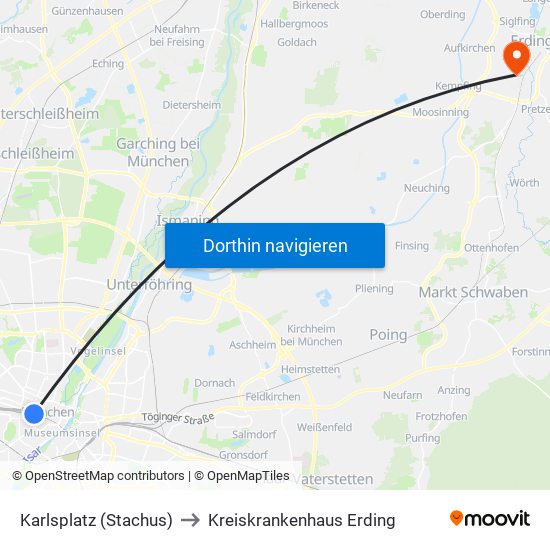 Karlsplatz (Stachus) to Kreiskrankenhaus Erding map