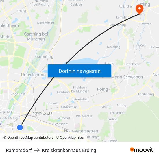 Ramersdorf to Kreiskrankenhaus Erding map