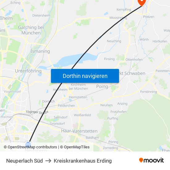 Neuperlach Süd to Kreiskrankenhaus Erding map