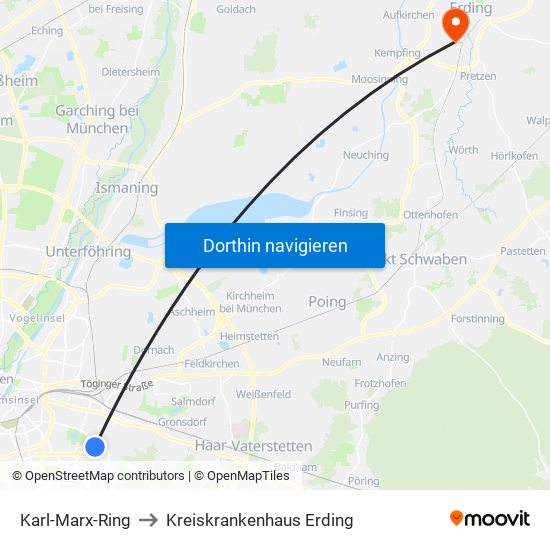 Karl-Marx-Ring to Kreiskrankenhaus Erding map