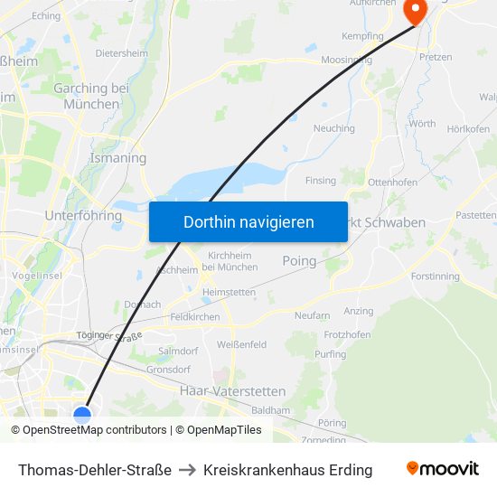 Thomas-Dehler-Straße to Kreiskrankenhaus Erding map