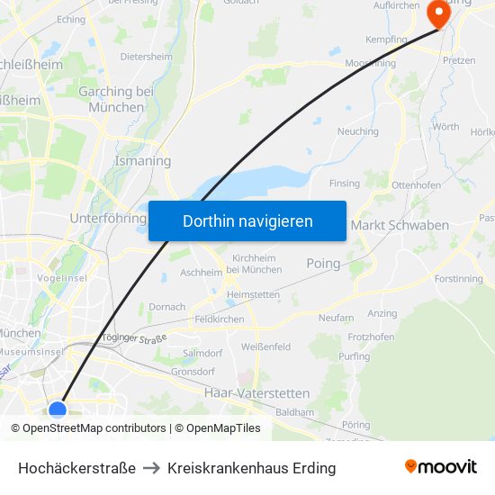 Hochäckerstraße to Kreiskrankenhaus Erding map