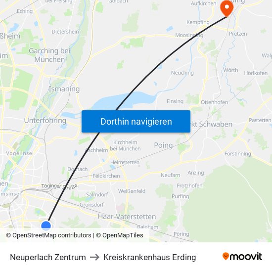 Neuperlach Zentrum to Kreiskrankenhaus Erding map