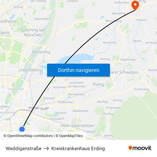 Weddigenstraße to Kreiskrankenhaus Erding map