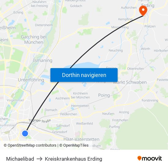 Michaelibad to Kreiskrankenhaus Erding map