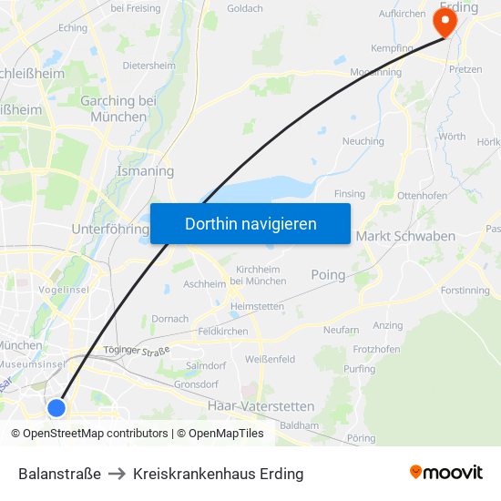 Balanstraße to Kreiskrankenhaus Erding map